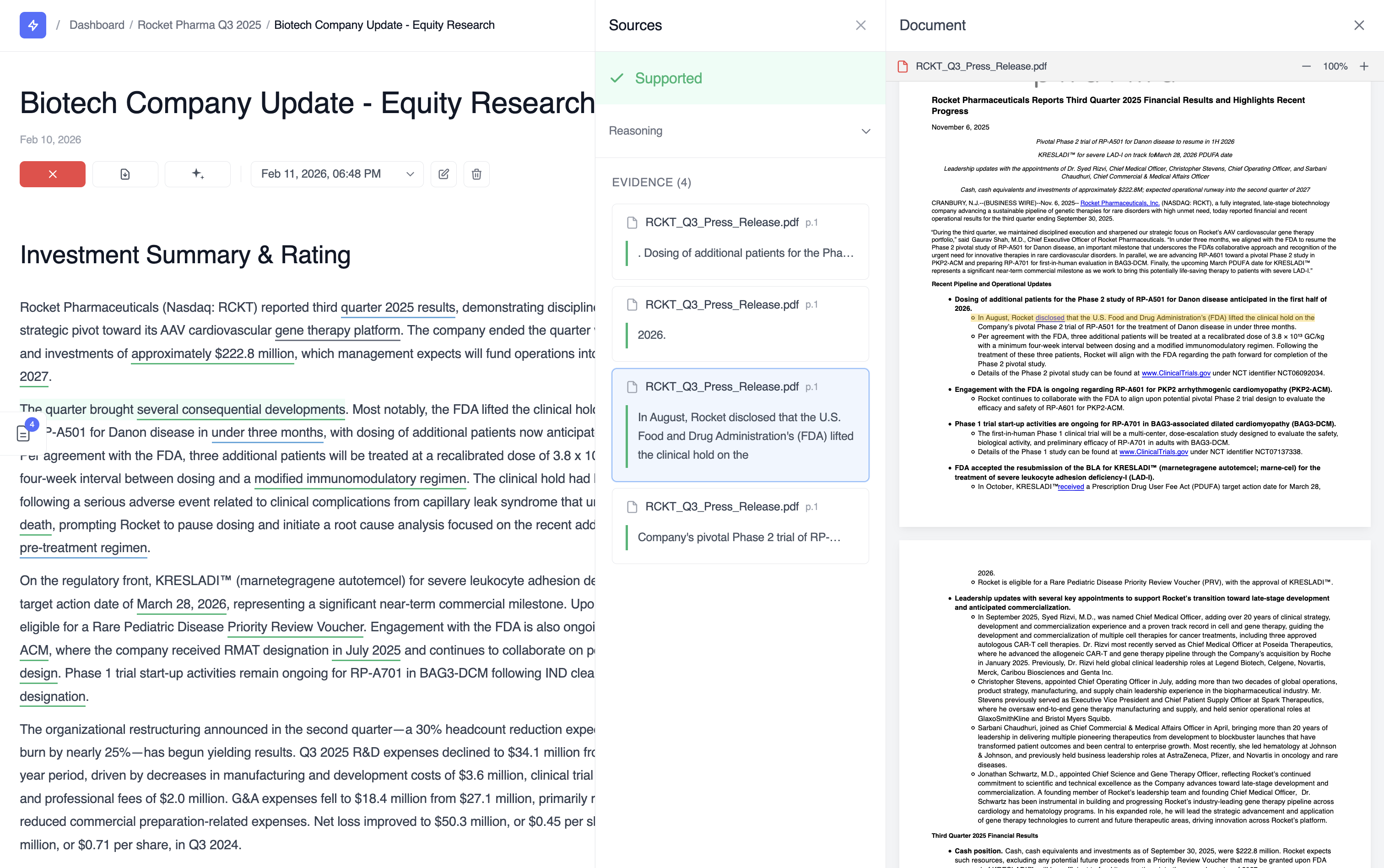 Provenance panel showing supported claims with source documents