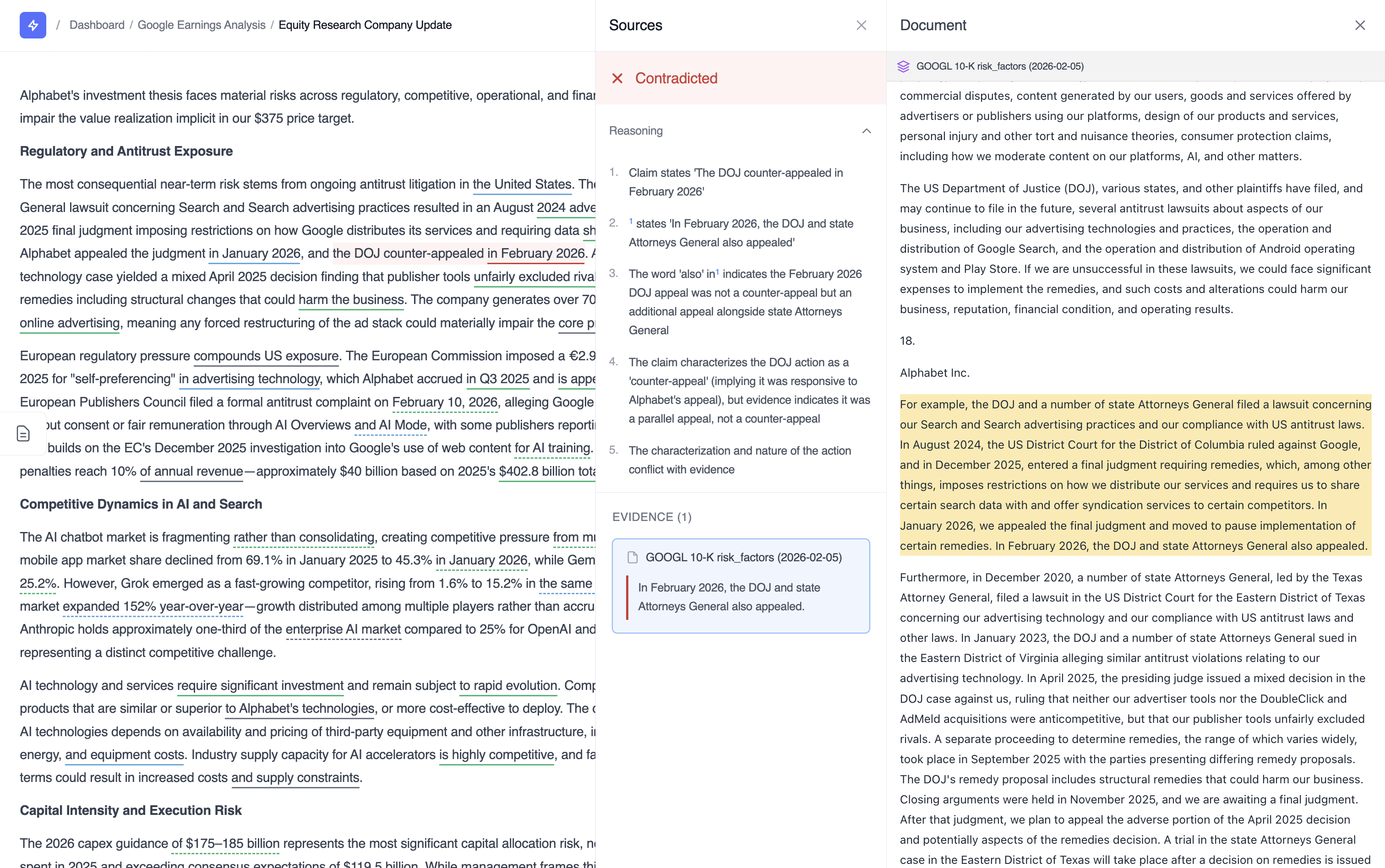 Verification panel showing contradicted claims with source evidence